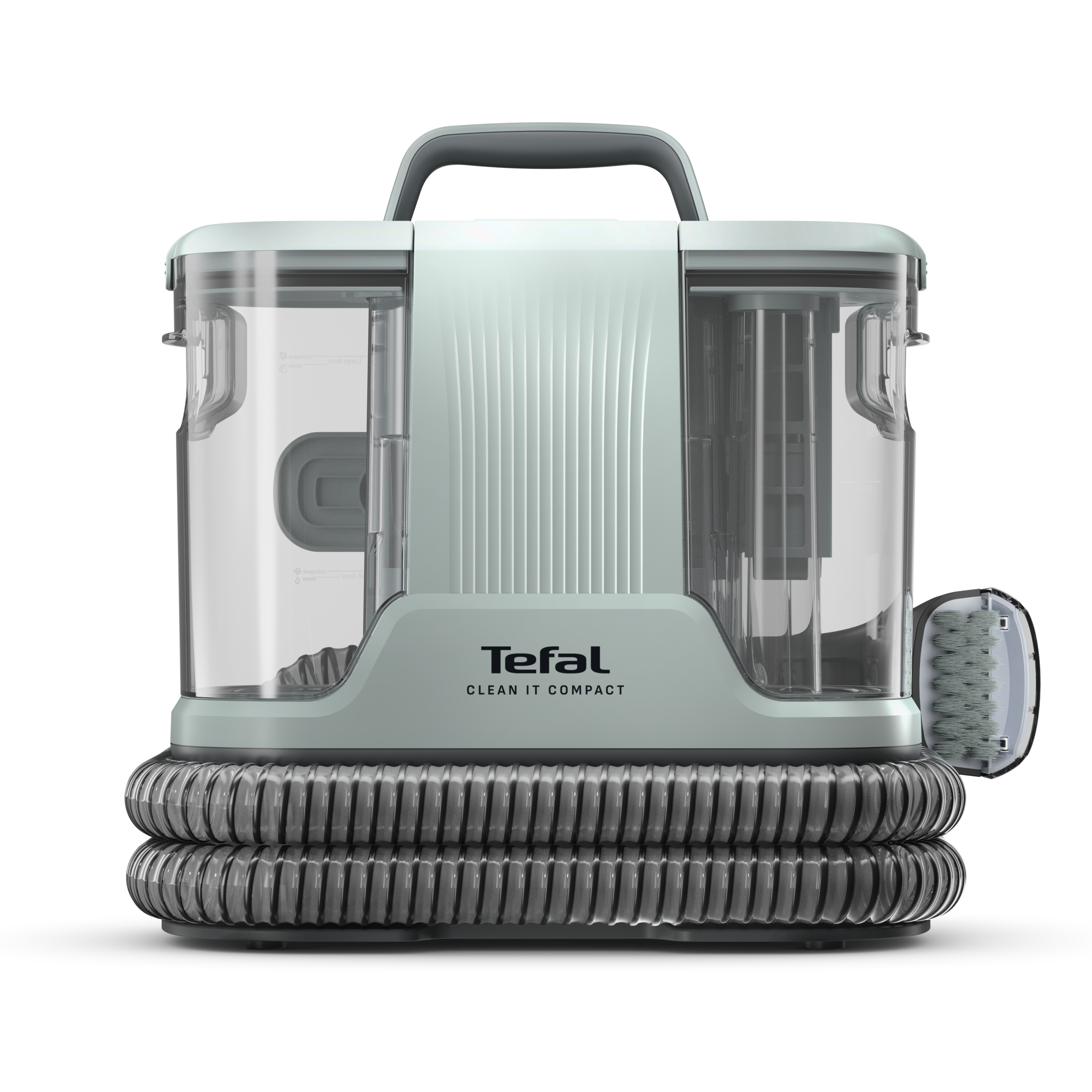 Teal ve gri renkli Tefal Clean It Compact elektrikli süpürge. İki tankı ve fırça başlığı var.