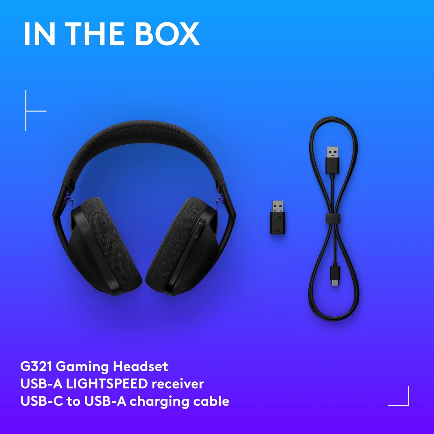 Siyah oyun kulaklığı, USB alıcısı ve şarj kablosu, mavi degrade arka plan üzerinde, 'IN THE BOX' etiketi.