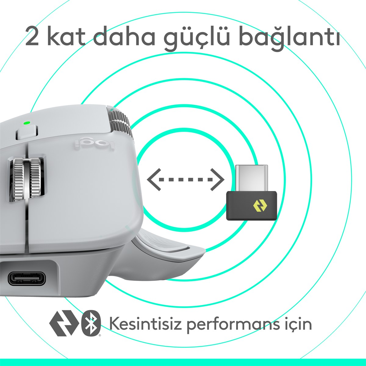 Beyaz bir fare ve siyah bir USB alıcısı, turkuaz daireler ve Türkçe metin ile gösteriliyor. Fare alıcıya bağlı.