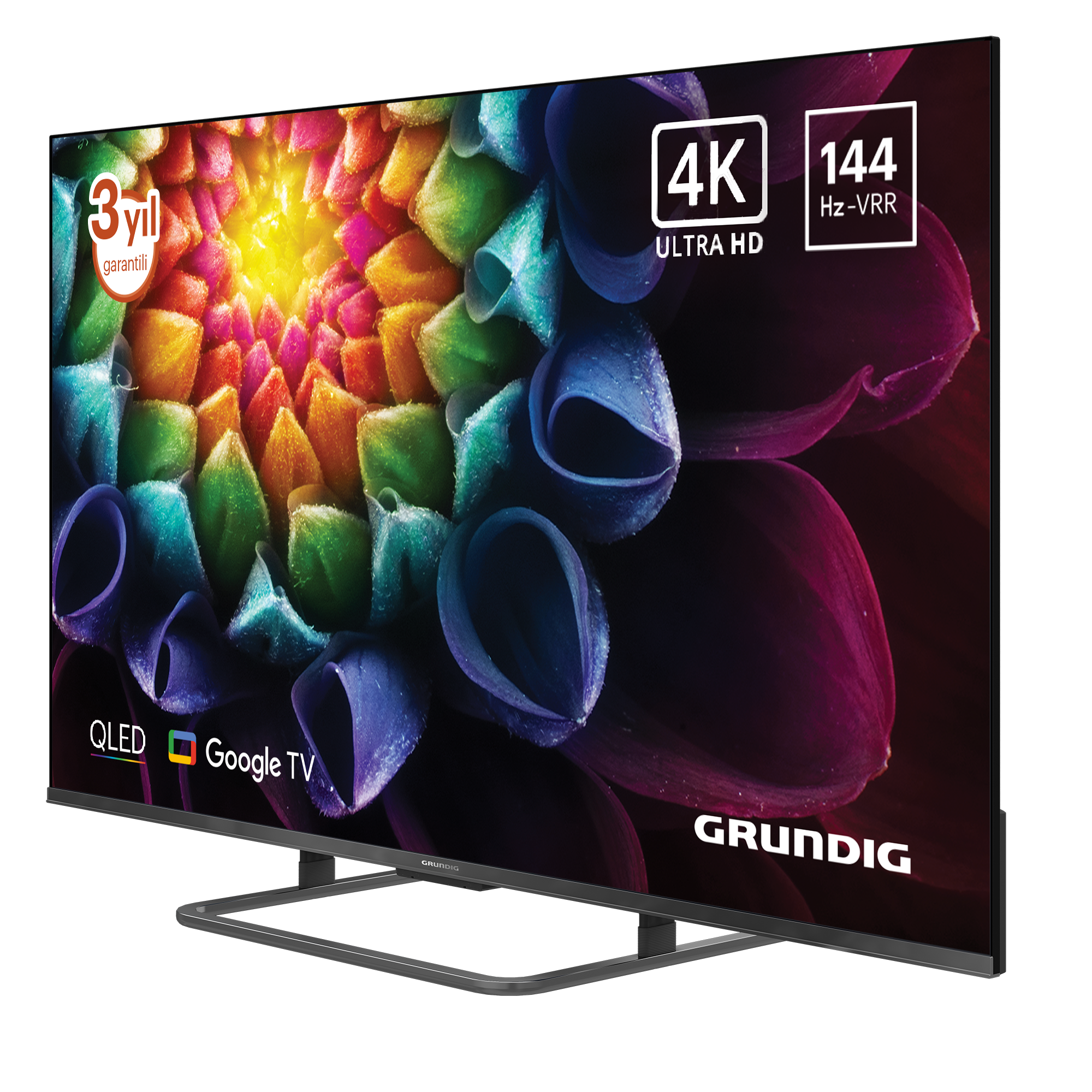 Bir Grundig QLED TV, renkli bir çiçek görüntüsü görüntüler. 4K Ultra HD, 144 Hz-VRR ve Google TV içerir.