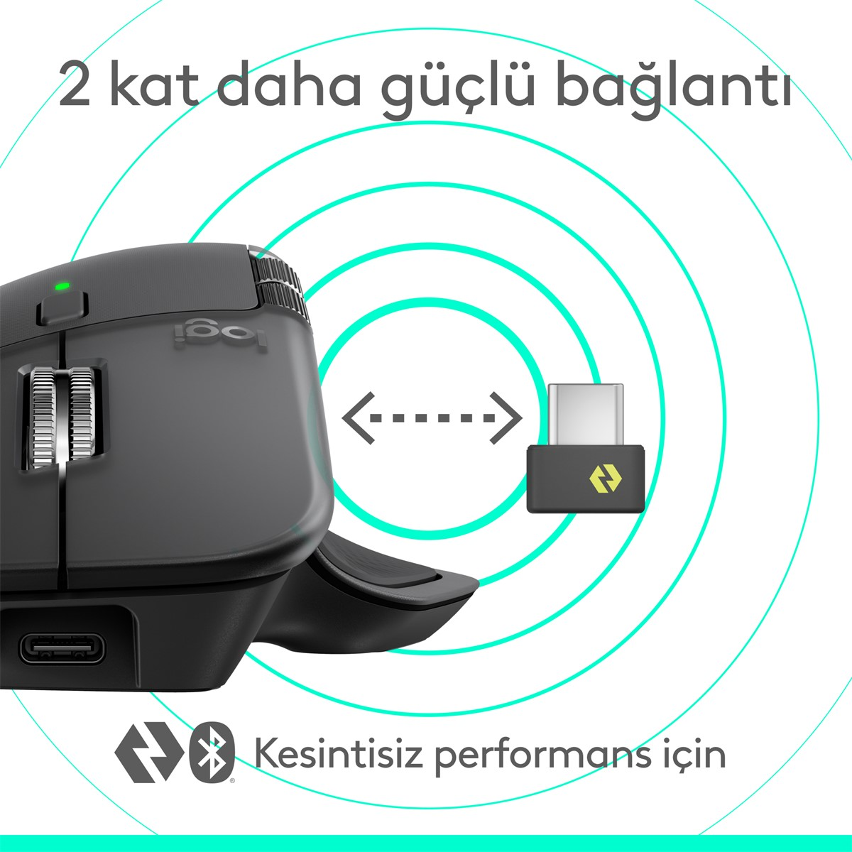 Siyah bir Logitech fare ve bir alıcı. Metin '2 kat daha güçlü bağlantı' diyor. Fare bir ok ile bağlanır.