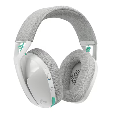 Beyaz ve gri Logitech oyun kulaklığı. Kulaklık başlıkları ve kafa bandı gri. Beyaz çerçeve ve turkuaz vurgular görülüyor.