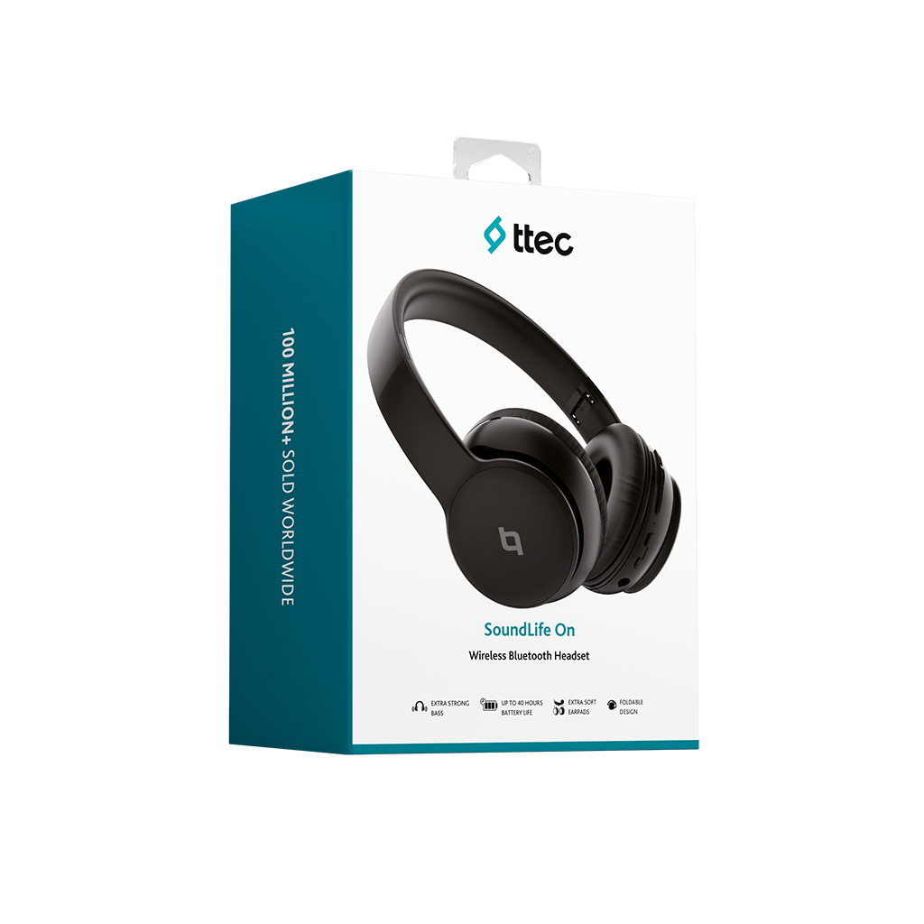 Beyaz bir kutu üzerinde siyah SoundLife On kablosuz Bluetooth kulaklık. Ekstra bas, 40 saat pil ömrü, ekstra yumuşak kulaklıklar ve katlanabilir tasarım özelliklerini içerir.