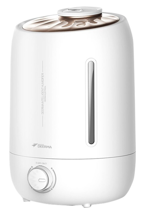 Biało-złoty nawilżacz z wskaźnikiem poziomu wody i pokrętłem. Marka to Deerma.