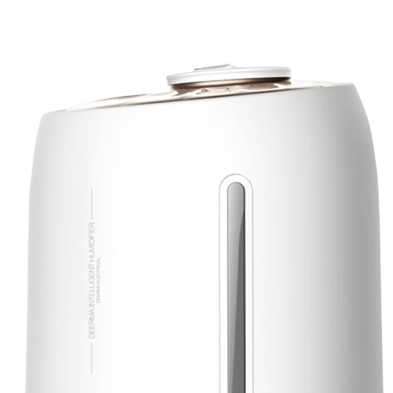 Biały nawilżacz z srebrnym wskaźnikiem poziomu wody. Na górze małą pokrywkę. Tekst brzmi 'DEERMA INTELLIGENT HUMIDIFIER'.
