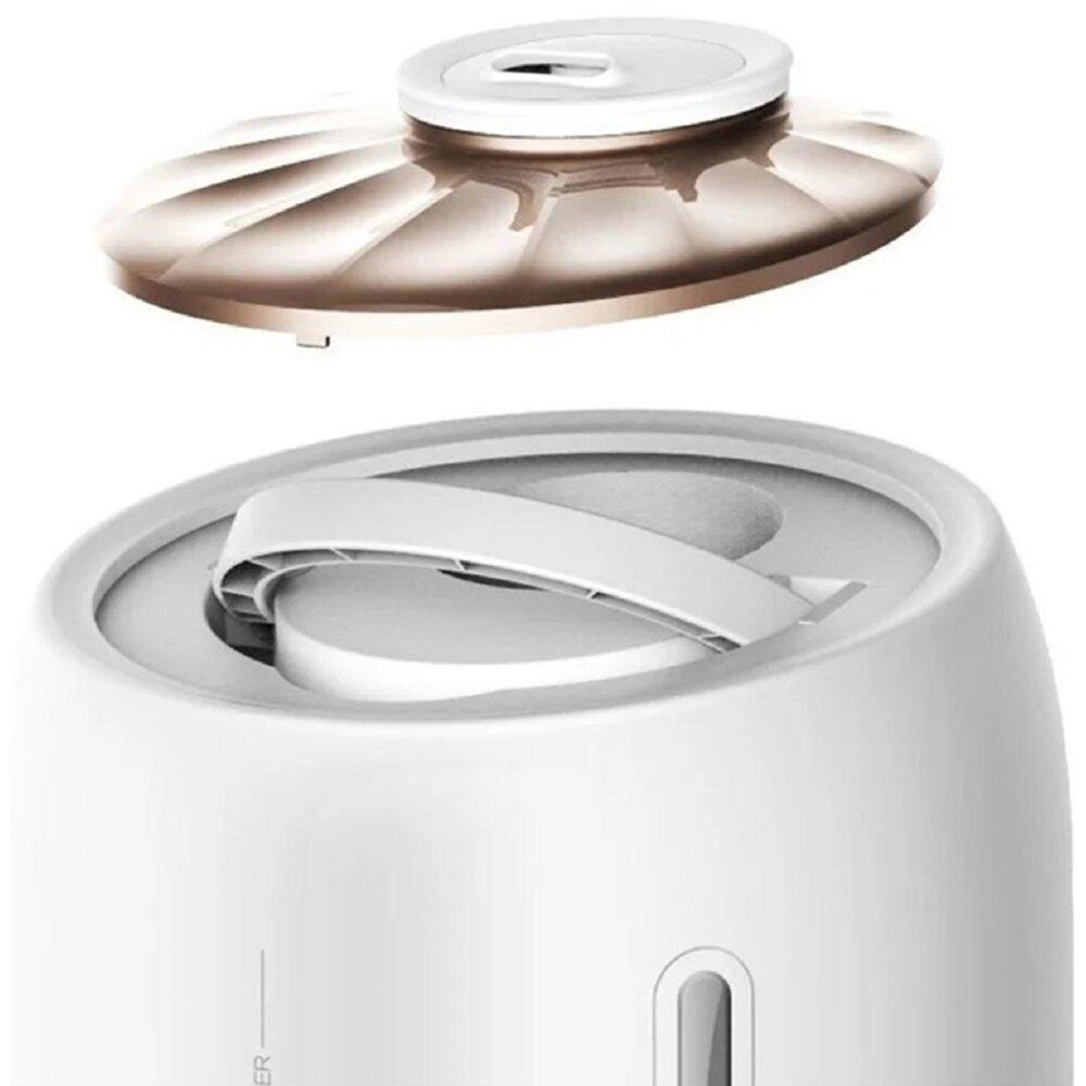 Biały i złoty nawilżacz, zdemontowany. Górna część jest złota, a podstawa biała, z uchwytem.