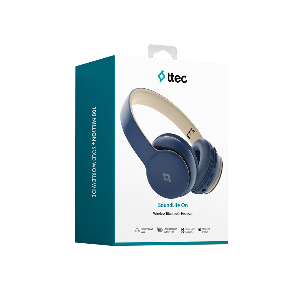 Mavi bir SoundLife On kablosuz Bluetooth kulaklık beyaz bir kutuda sergileniyor. Kutu üzerinde 'Ekstra güçlü bas' dahil metin ve simgeler var.