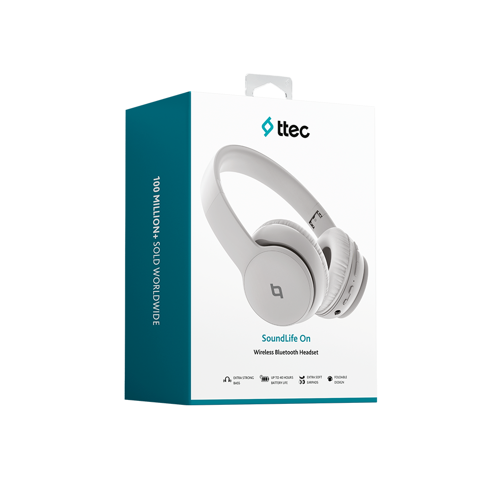 Beyaz ve turkuaz bir kutuda beyaz kablosuz Bluetooth kulaklık. Metin: SoundLife On, ttec logosu ve ekstra bas ve uzun pil ömrü gibi özellikler.