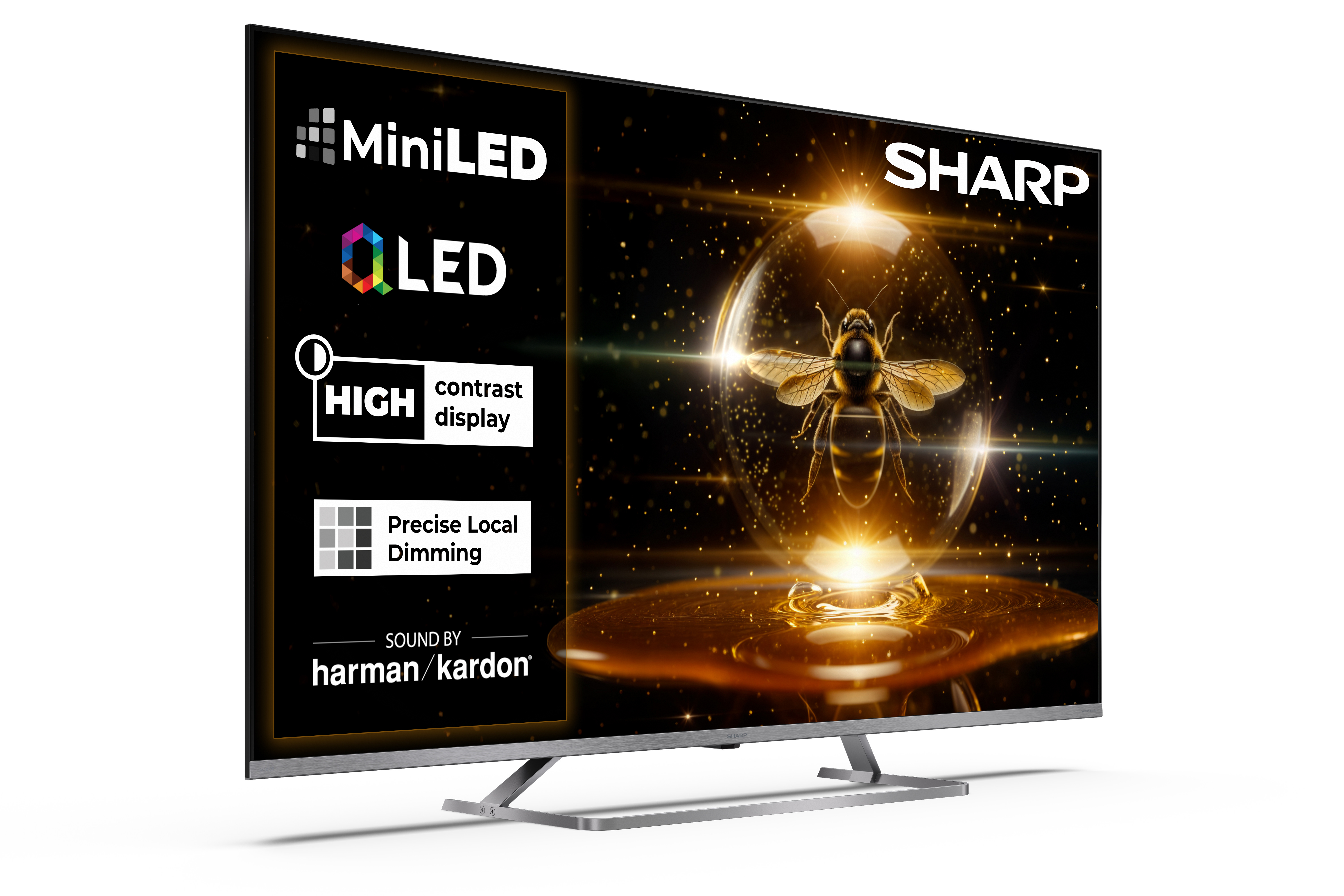 Telewizor Sharp MiniLED wyświetla pszczołę w szklanej kuli. Ekran pokazuje funkcje takie jak OLED, wysoki kontrast i dźwięk Harman/Kardon.