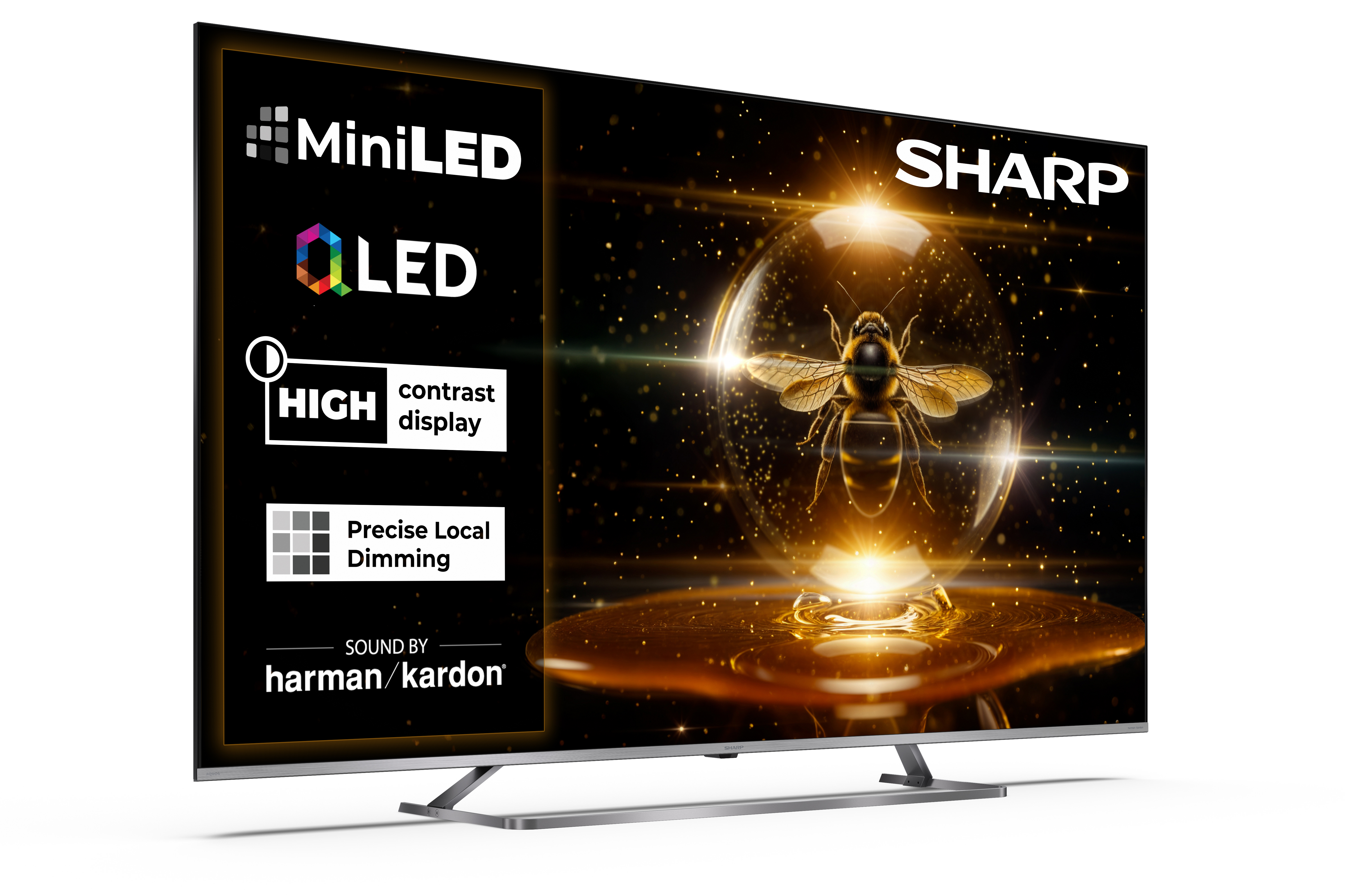 Telewizor Sharp wyświetla pszczołę w szklanej kuli. Funkcje obejmują MiniLED, OLED, wysoki kontrast, precyzyjne przyciemnianie i dźwięk Harman/Kardon.