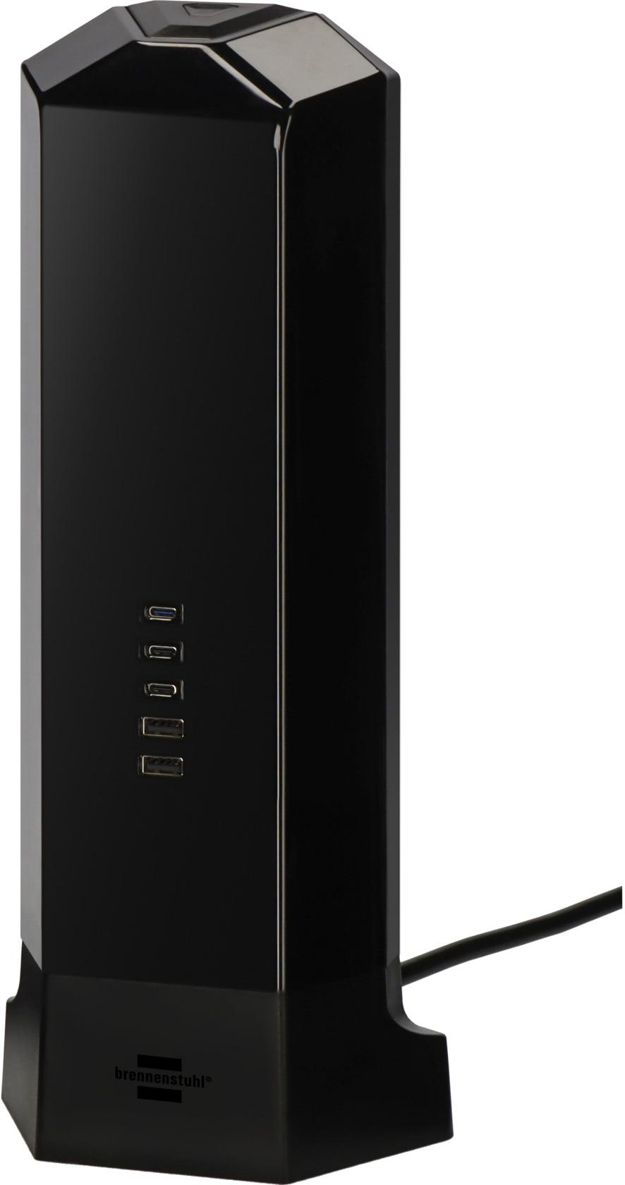 Ein schwarzer Mehrfachstecker mit mehreren USB-Anschlüssen. Es hat eine glänzende Oberfläche und das Logo 'brennenstuhl'.
