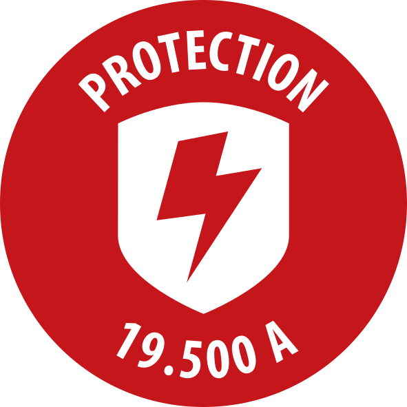 Roter Kreis mit weißem Text 'PROTECTION'. Ein weißes Schild mit rotem Blitz in der Mitte. Darunter steht '79.500 A'.