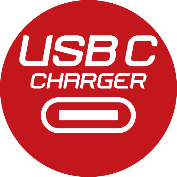 Roter Kreis mit weißem Text: USB C CHARGER und ein USB-C-Symbol.