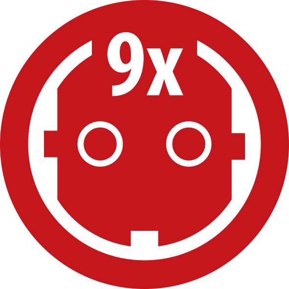 Roter Kreis mit weißem Steckersymbol, zwei Löchern und dem Text '9x'.