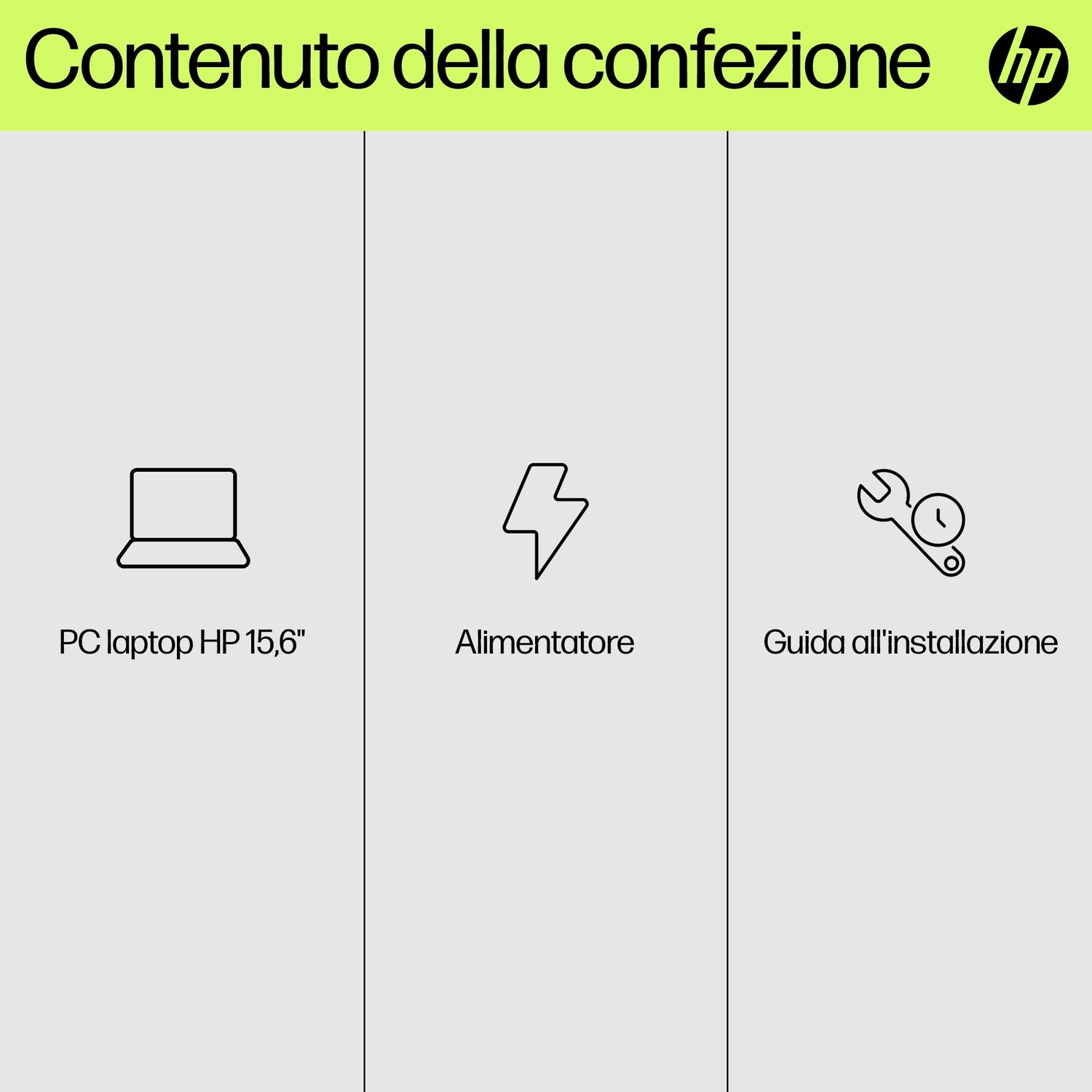 L'immagine mostra il contenuto di una scatola di laptop HP: laptop, caricabatterie e guida all'installazione. Il testo è in italiano. Logo HP in alto a destra.