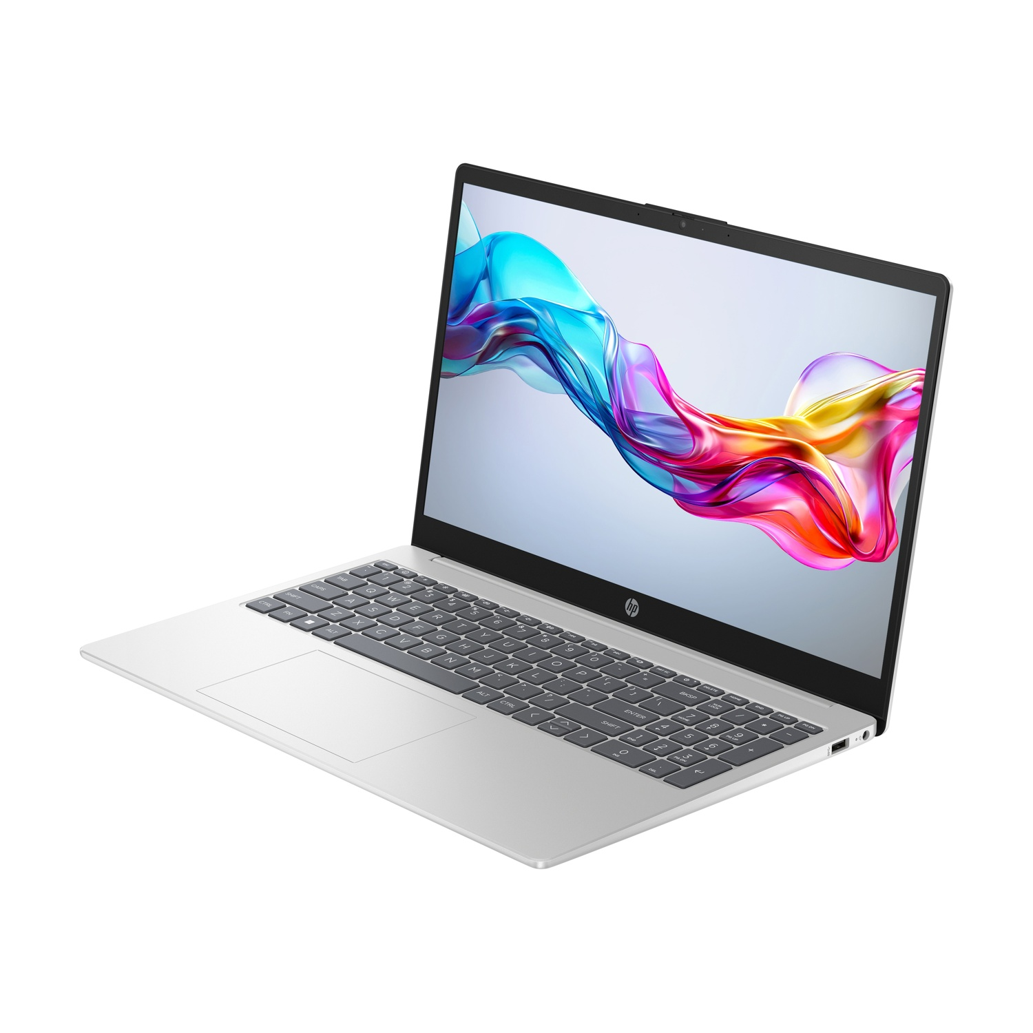 Laptop HP argentato. Schermo mostra design astratto colorato. Tastiera visibile. Sfondo bianco.