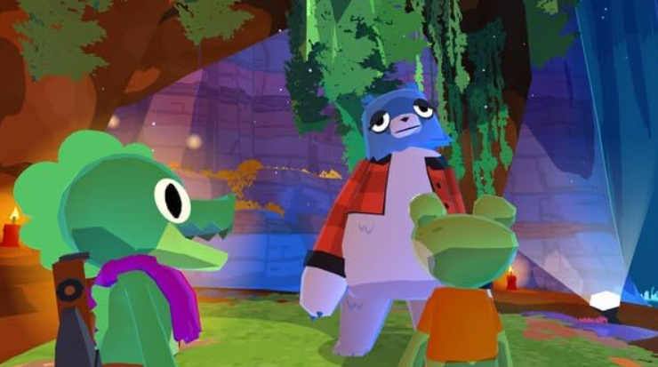 Drei Zeichentricktiere stehen in einer Waldumgebung. Ein grünes Krokodil, ein blauer Bär und ein grüner Frosch sind in der Szene.
