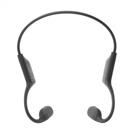 Auriculares de conducción ósea negros. El diseño incluye una diadema y ganchos para las orejas. El fondo es blanco.