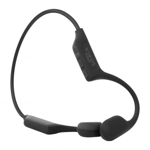 Auriculares de conducción ósea Vista Pro negros. El diseño tiene una banda para el cuello y auriculares para un ajuste seguro y cómodo.