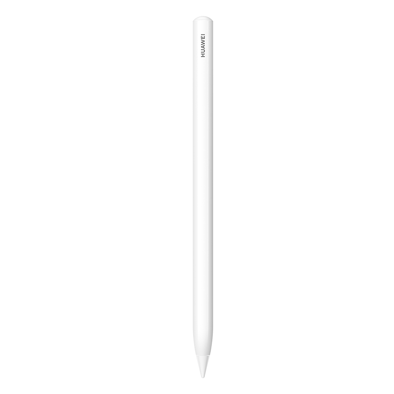 Beyaz bir Huawei kalem. Kalem, yuvarlak üst ve sivri uçlu silindirik şekildedir. Huawei logosu dikey olarak basılmıştır.