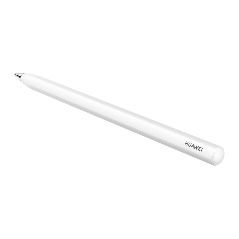 Beyaz bir Huawei kalem, beyaz bir zemin üzerinde çapraz duruyor. Kalemin gümüş ucu ve yan tarafında Huawei logosu var.