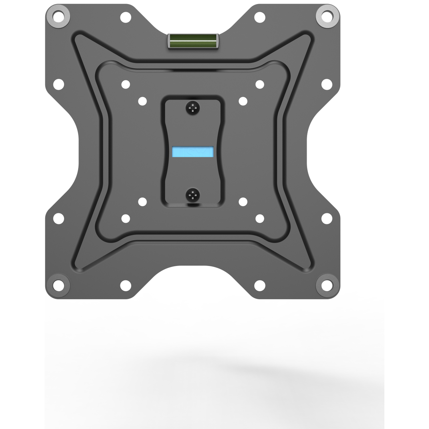 A gray metal TV mount. It has several holes, screws, and a level indicator. The background is white with a soft shadow.