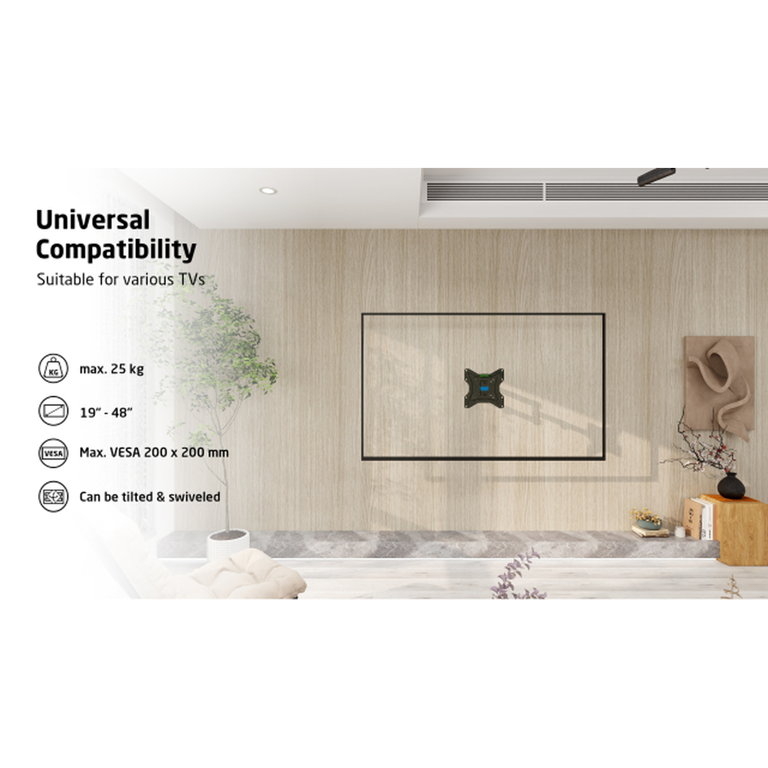 A TV wall mount is displayed on a wooden wall. The mount is black, and a TV frame is on the wall. Details include weight and size.