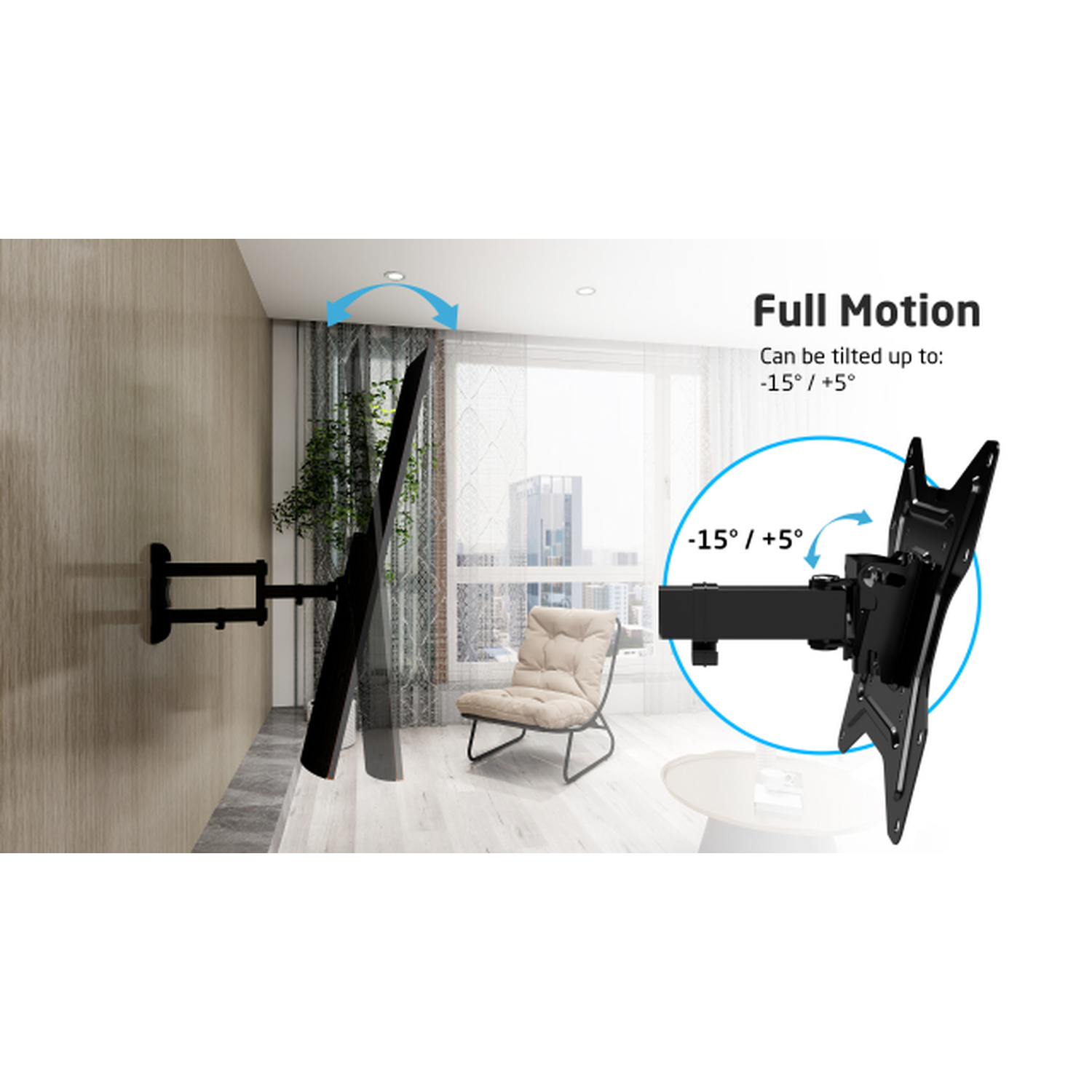 A TV mount in a room. It can tilt up to -15°/+5°. The mount is on a wall with a TV. A chair and window are in the background.