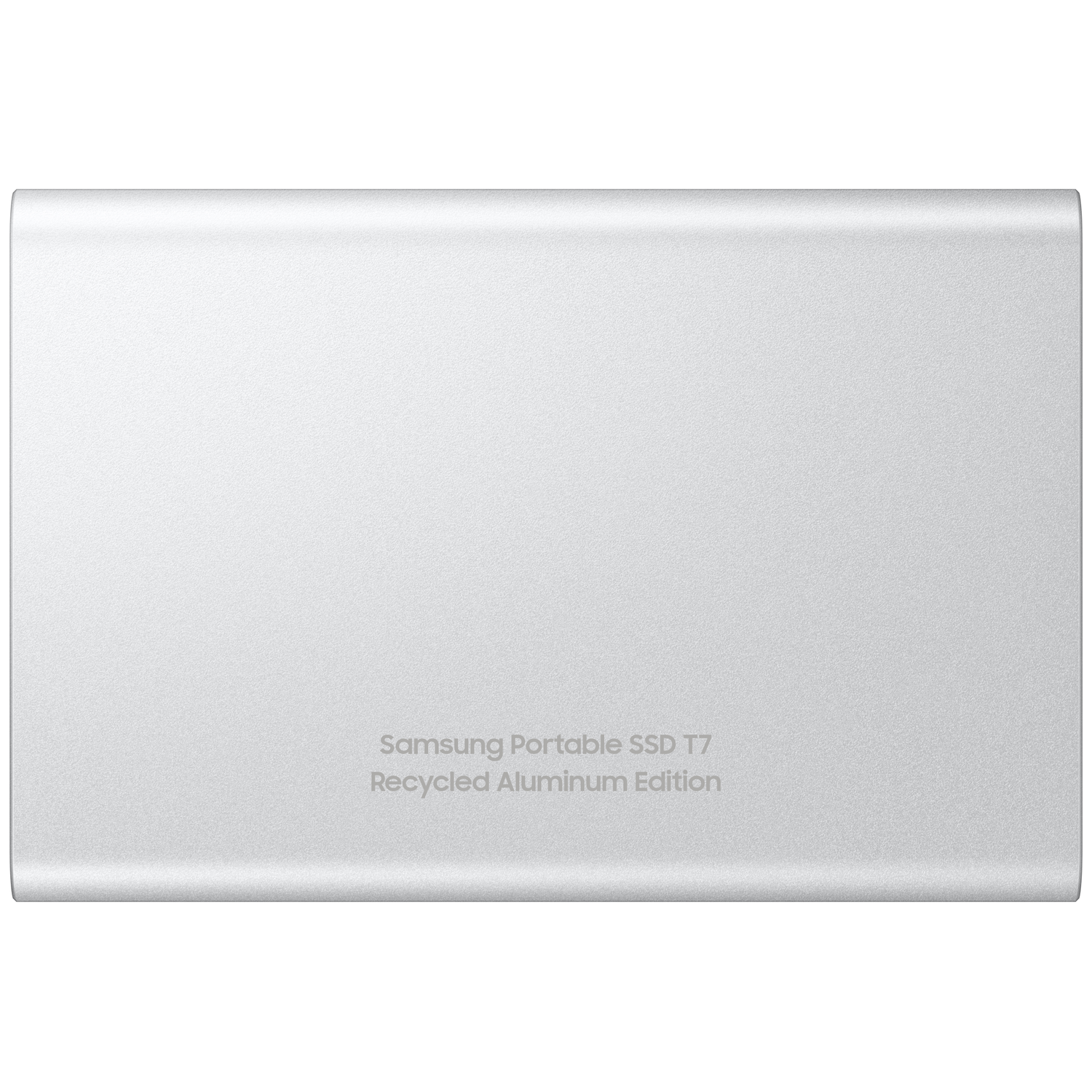A silver Samsung Portable SSD T7, Recycled Aluminum Edition, on a white background. The device is rectangular.
