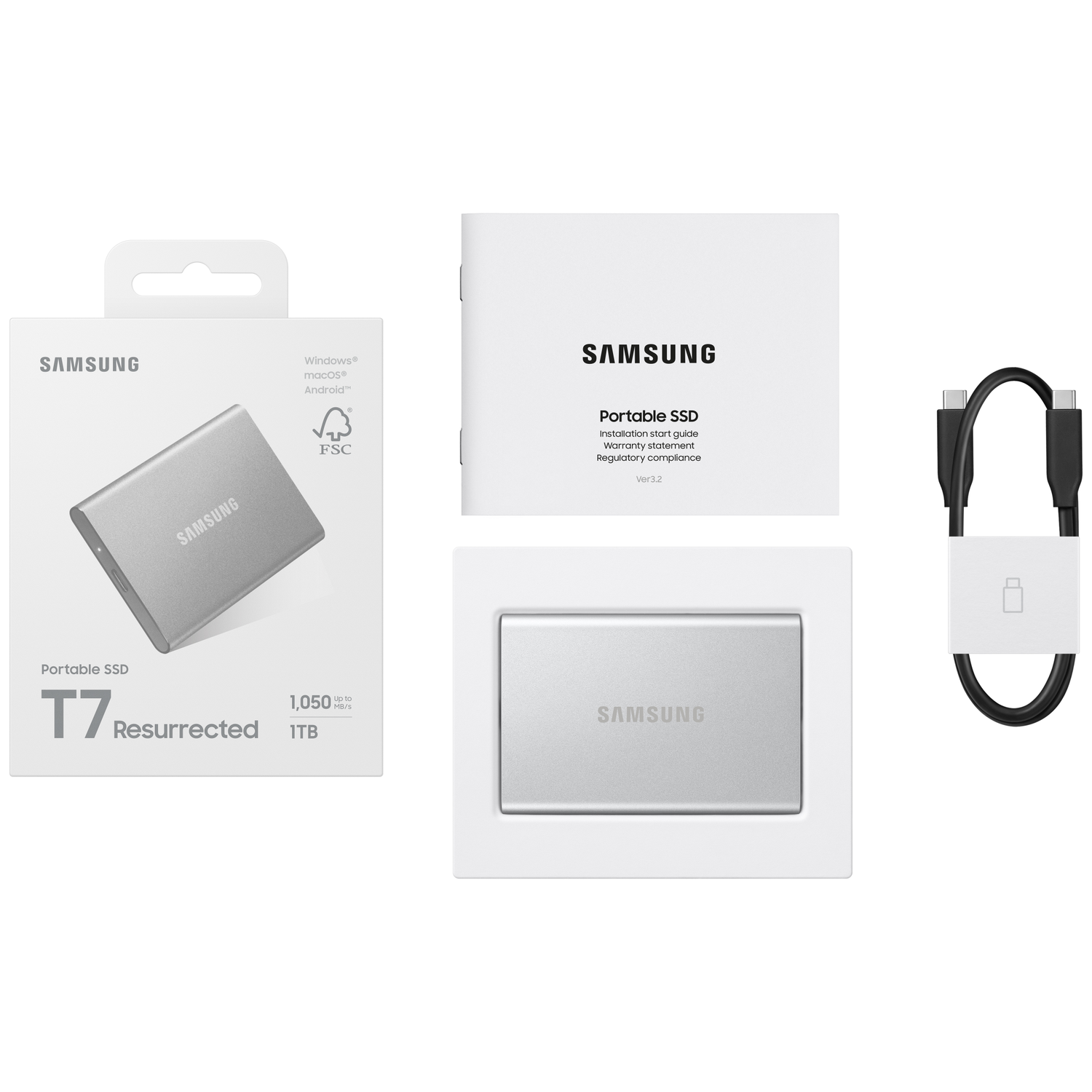 Image shows a Samsung T7 Resurrected portable SSD, box, documents, and cable. The SSD is silver. The box is white.