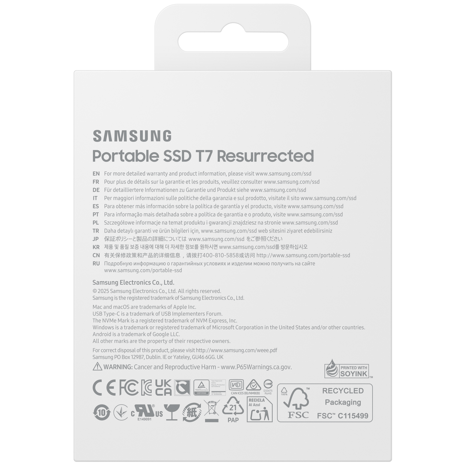 The image is a white product package with the Samsung logo and product details, and recycling symbols.