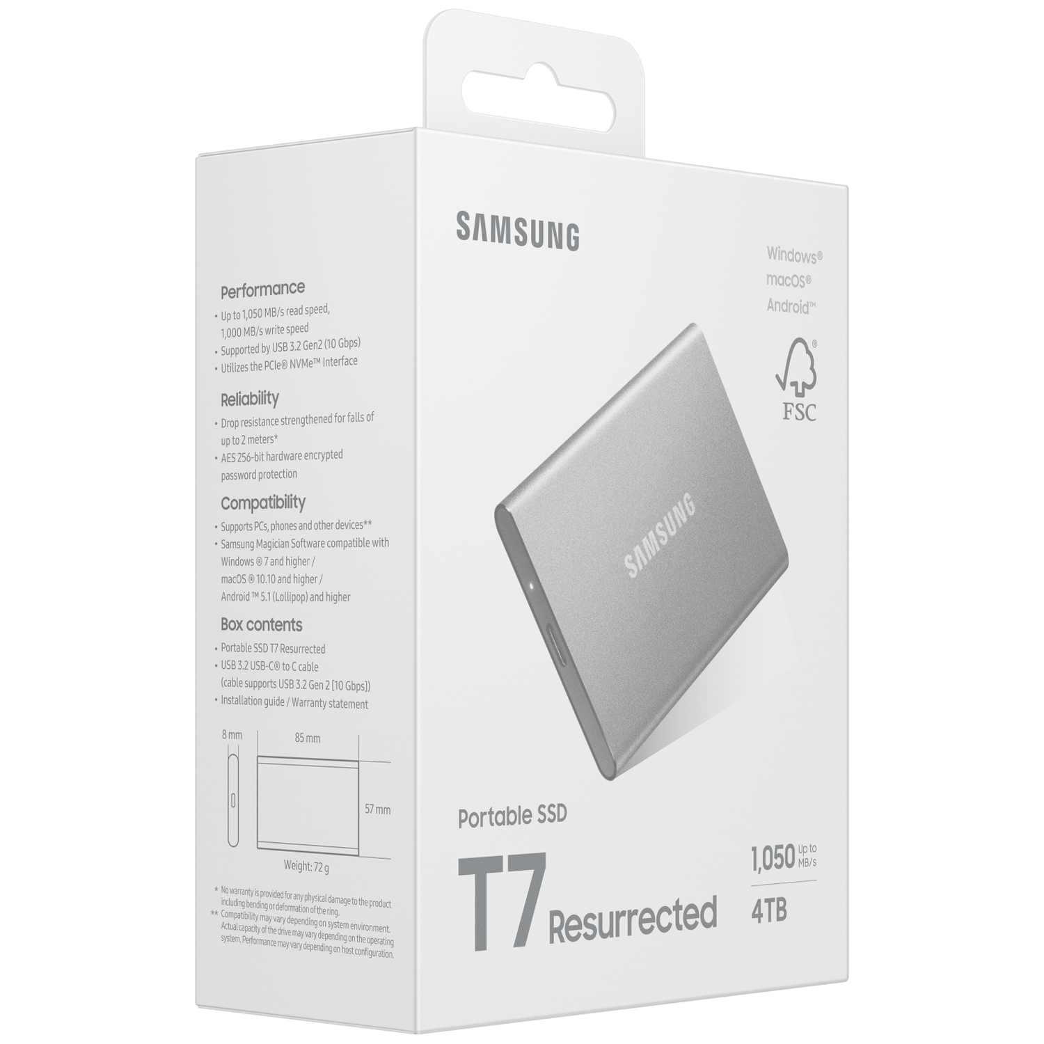 A Samsung T7 Resurrected portable SSD box. It displays the product, specifications, and the Samsung logo. The box is white.