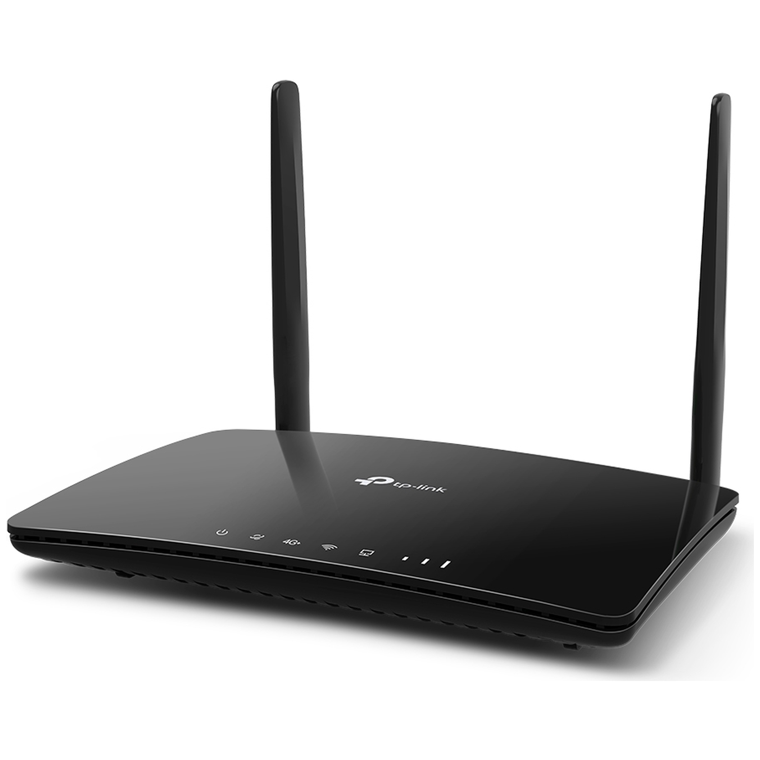 A black TP-Link router with two antennas. It has indicator lights and the TP-Link logo. It is on a white background.