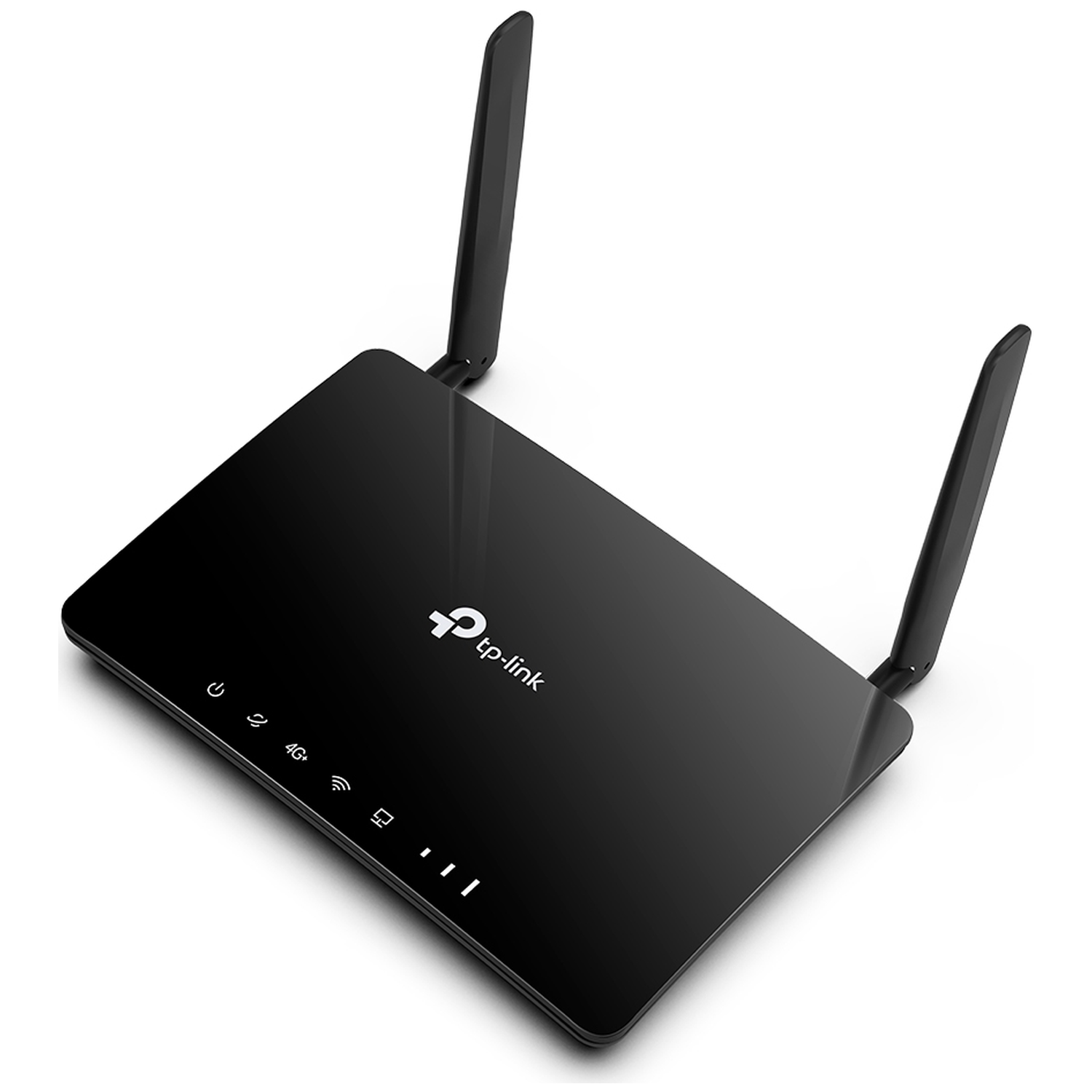 A black TP-Link router with two antennas. It is on a white surface. Power, 4G, and other indicator lights are visible.