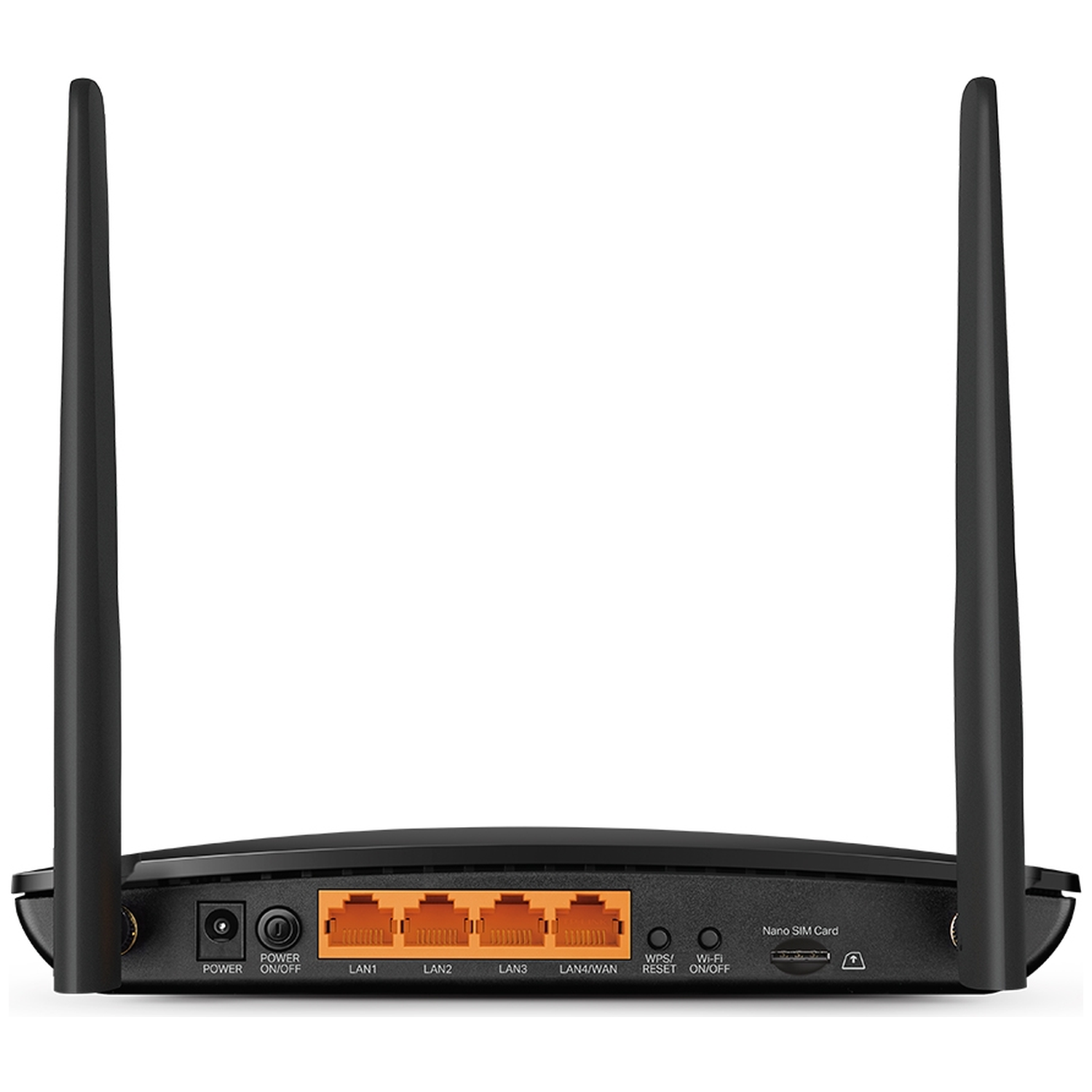 Black TP-Link router with two antennas. It has ports labeled LAN1-4, power, and reset buttons. White background.