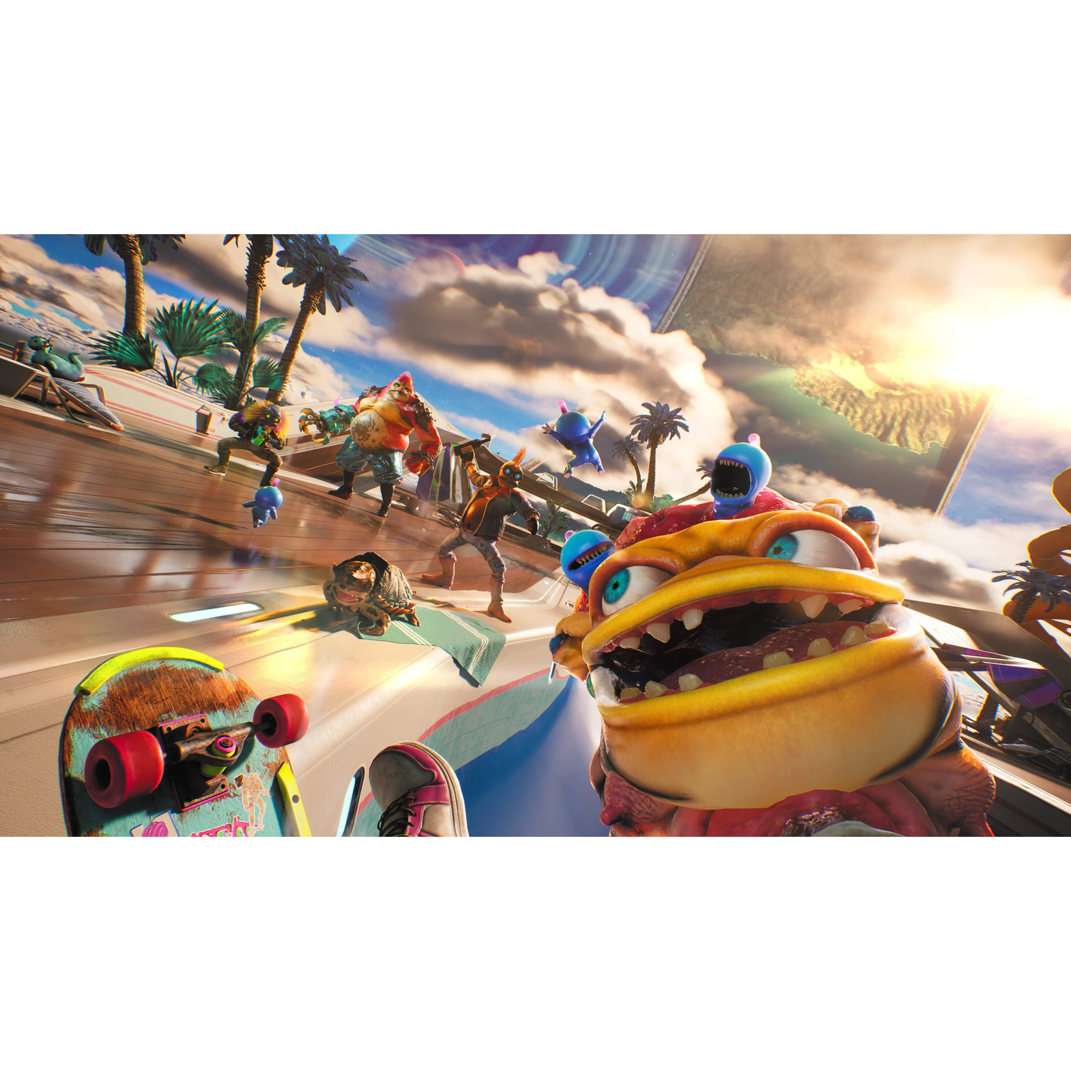 Een levendige scène met personages, een skateboard, palmbomen en een groot, cartoonachtig wezen op de voorgrond, met een futuristische achtergrond.