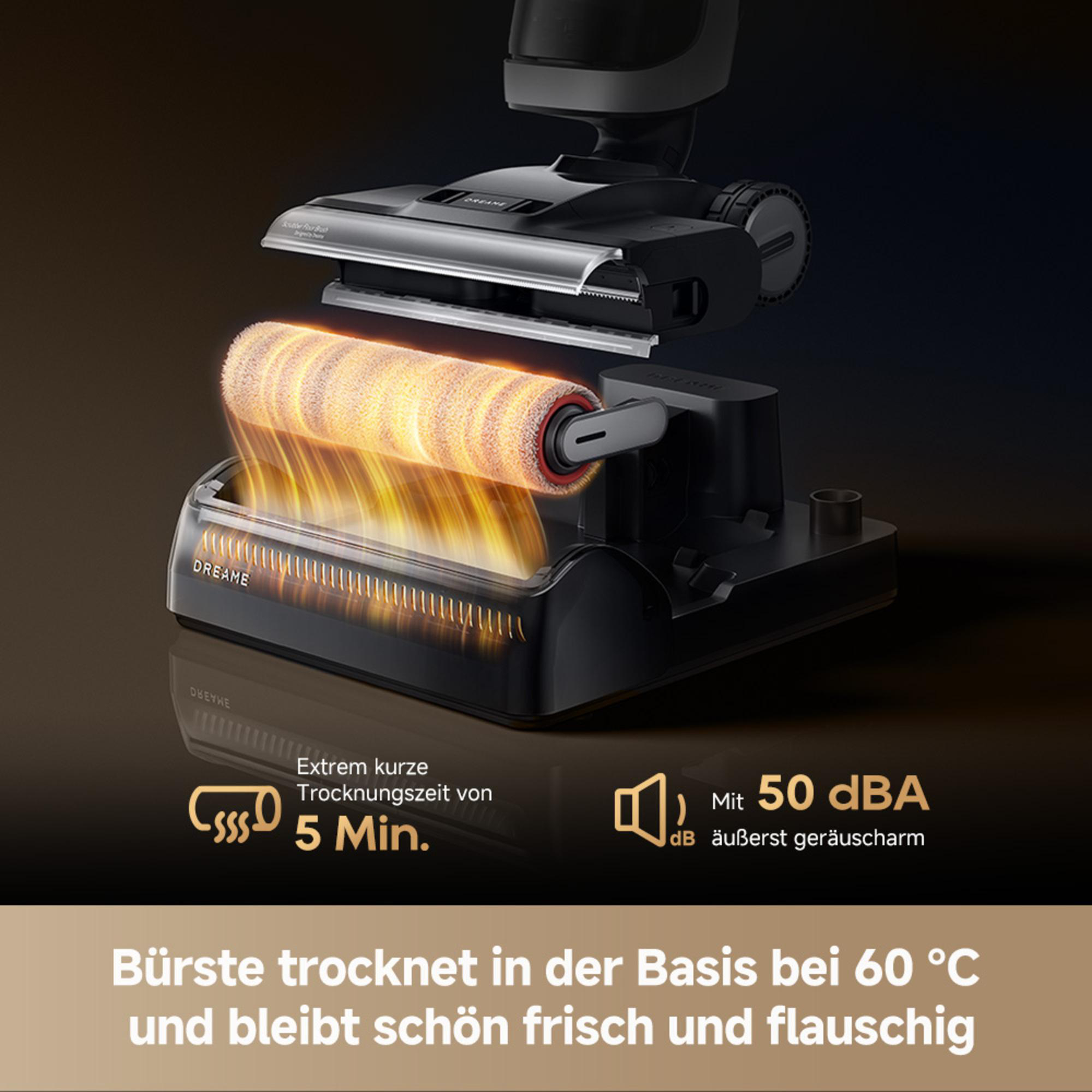 Das Bild zeigt eine schwarze Staubsaugerbasis mit einer Trocknungsbürste. Es trocknet in 5 Minuten bei 60°C und ist leise, 50 dBA.
