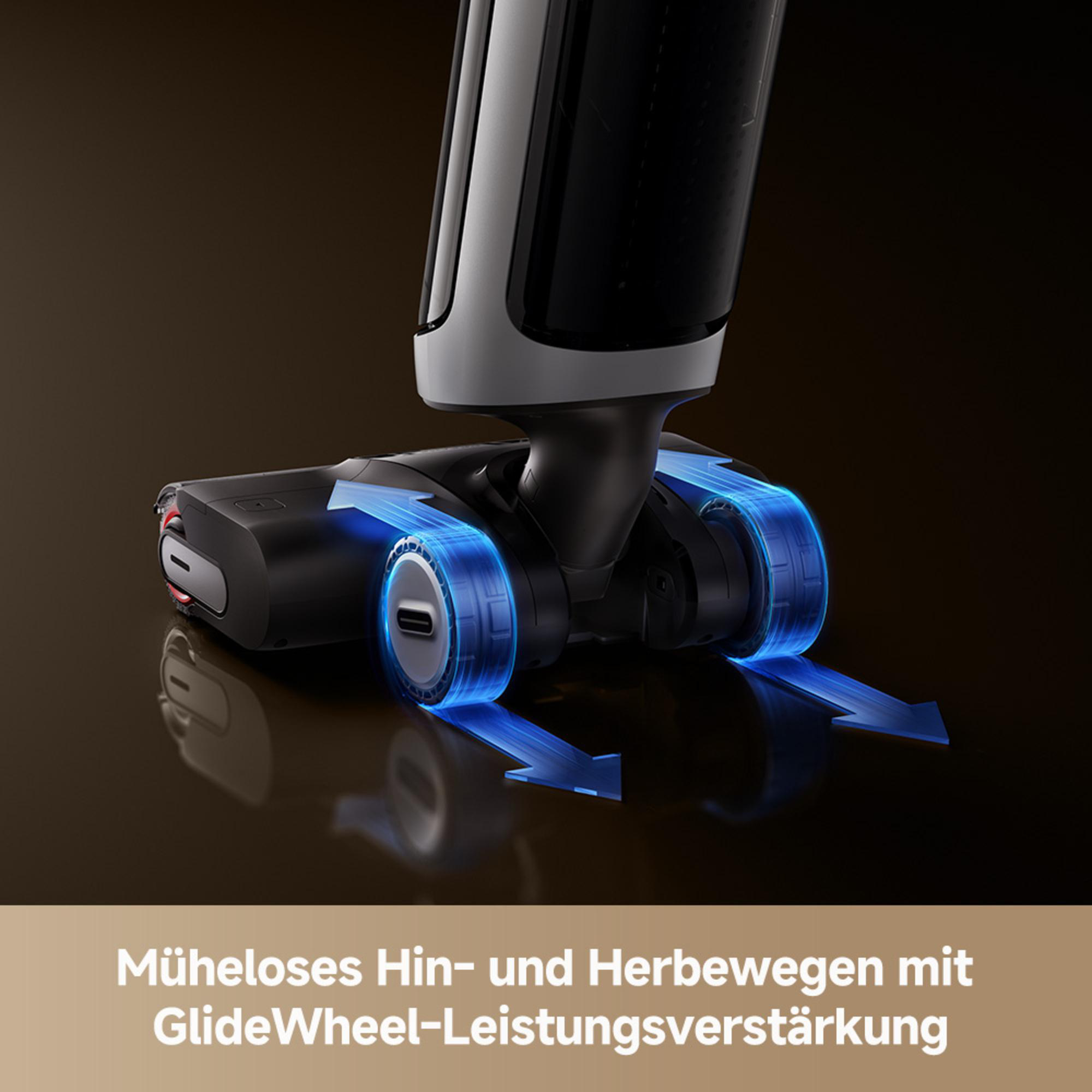 Nahaufnahme der Räder eines Staubsaugers mit blauen Pfeilen. Der Hintergrund ist braun. Text unten: 'GlideWheel'.