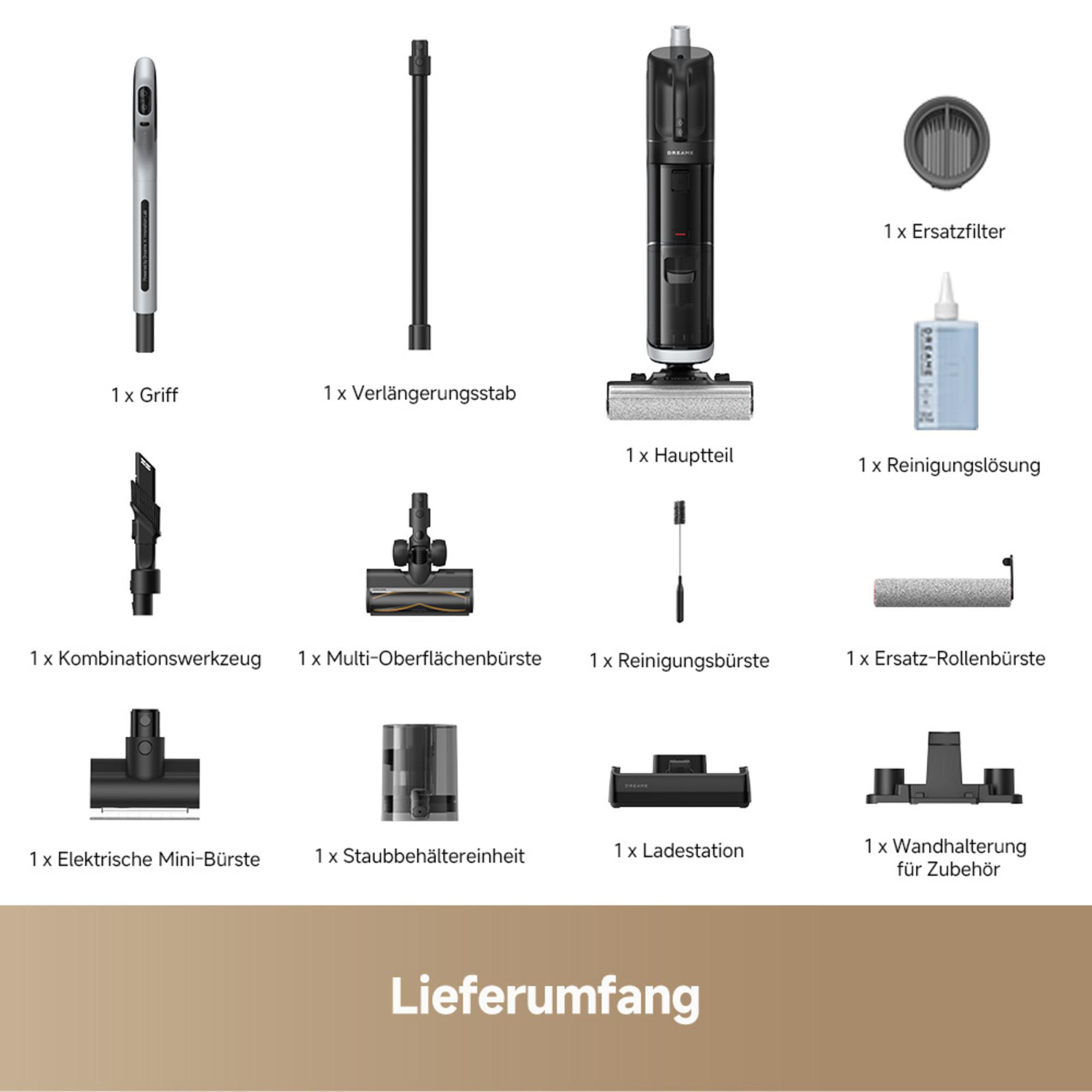 Das Bild zeigt Staubsaugerteile: Griff, Verlängerungsstange, Hauptteil, Filter, Reinigungslösung und verschiedene Bürsten.