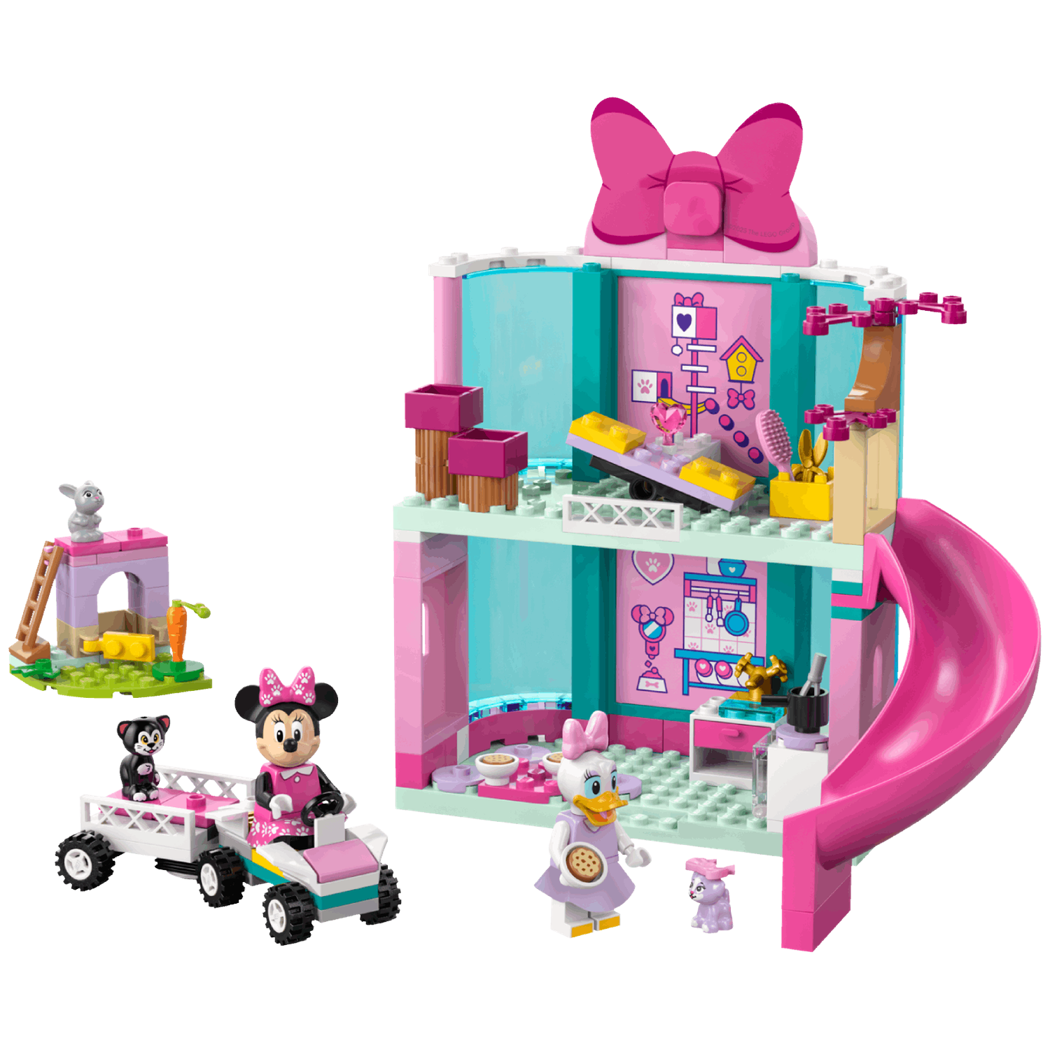 Ensemble Lego : jeu Minnie Mouse. Comprend Minnie conduisant un véhicule avec un chat, une maison avec toboggan et Daisy Duck avec un animal de compagnie.