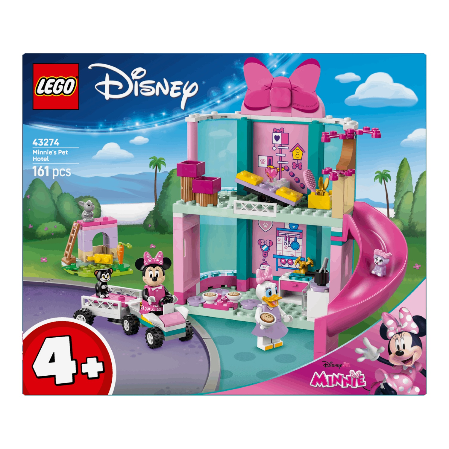 Ensemble Lego Disney avec Minnie Mouse et Daisy Duck, un hôtel pour animaux rose, toboggan, voiture et accessoires sur fond bleu.