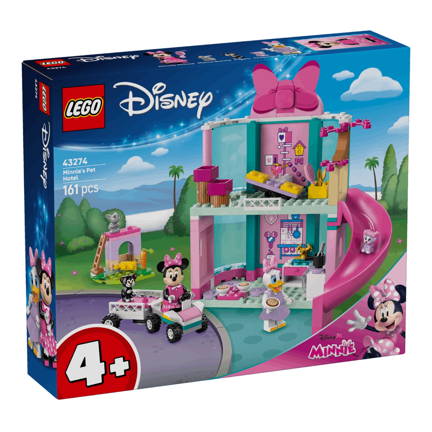 Boîte Lego Disney Minnie's Pet Hotel. Comprend des figurines de Minnie et Daisy, une maison pour animaux, un toboggan et des véhicules. Dominance rose et turquoise.