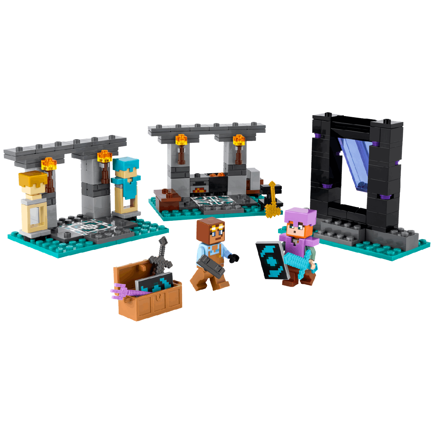 Minecraft Lego-set met structuren, personages, kist en portaal. Bevat een zwaard, schild en gereedschap. Heldere kleuren en gedetailleerd ontwerp.