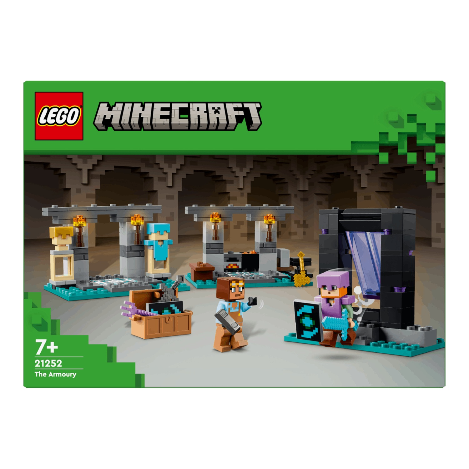 LEGO Minecraft set met figuren, structuren en accessoires. Toont een wapenkamer met personages en wapens.
