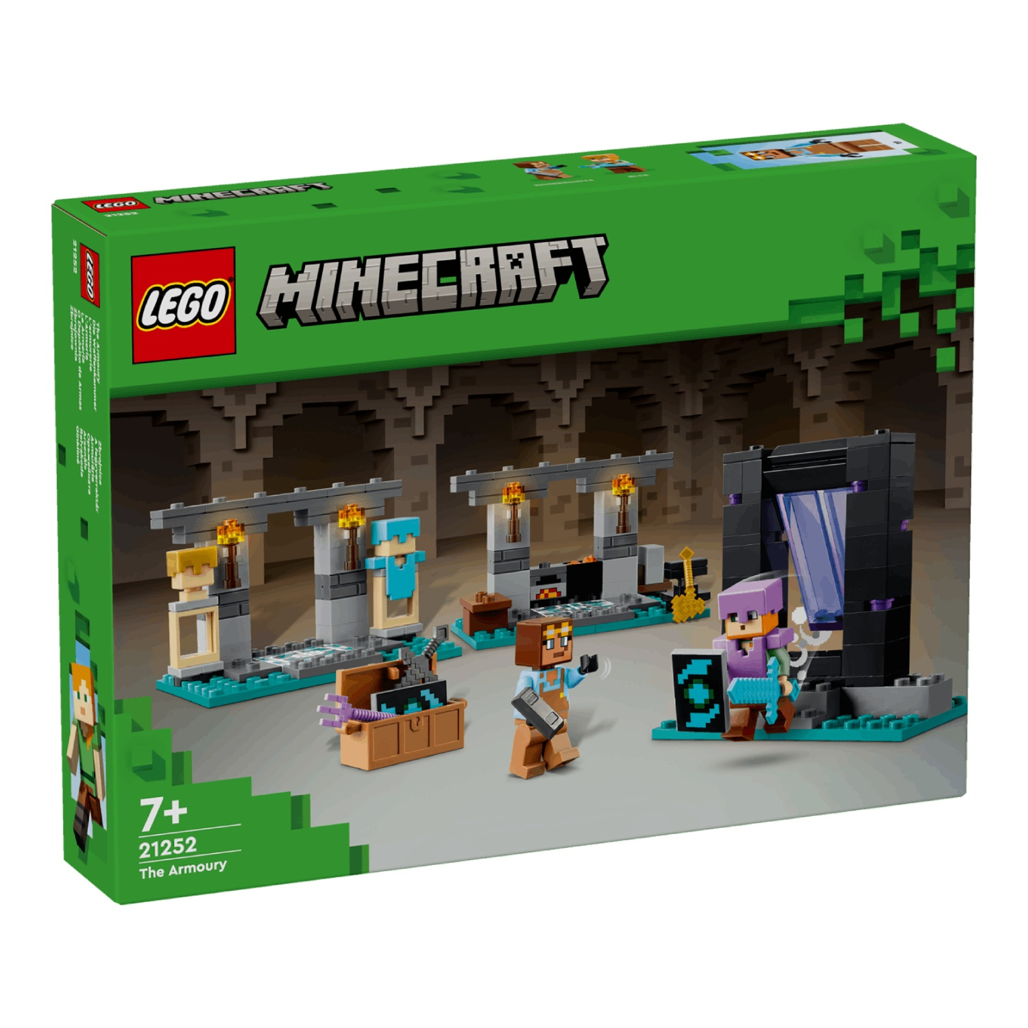 Lego Minecraft-set, The Armoury. Het toont Lego-figuren en -structuren, waaronder een portaal en werkstations. De doos is groen.