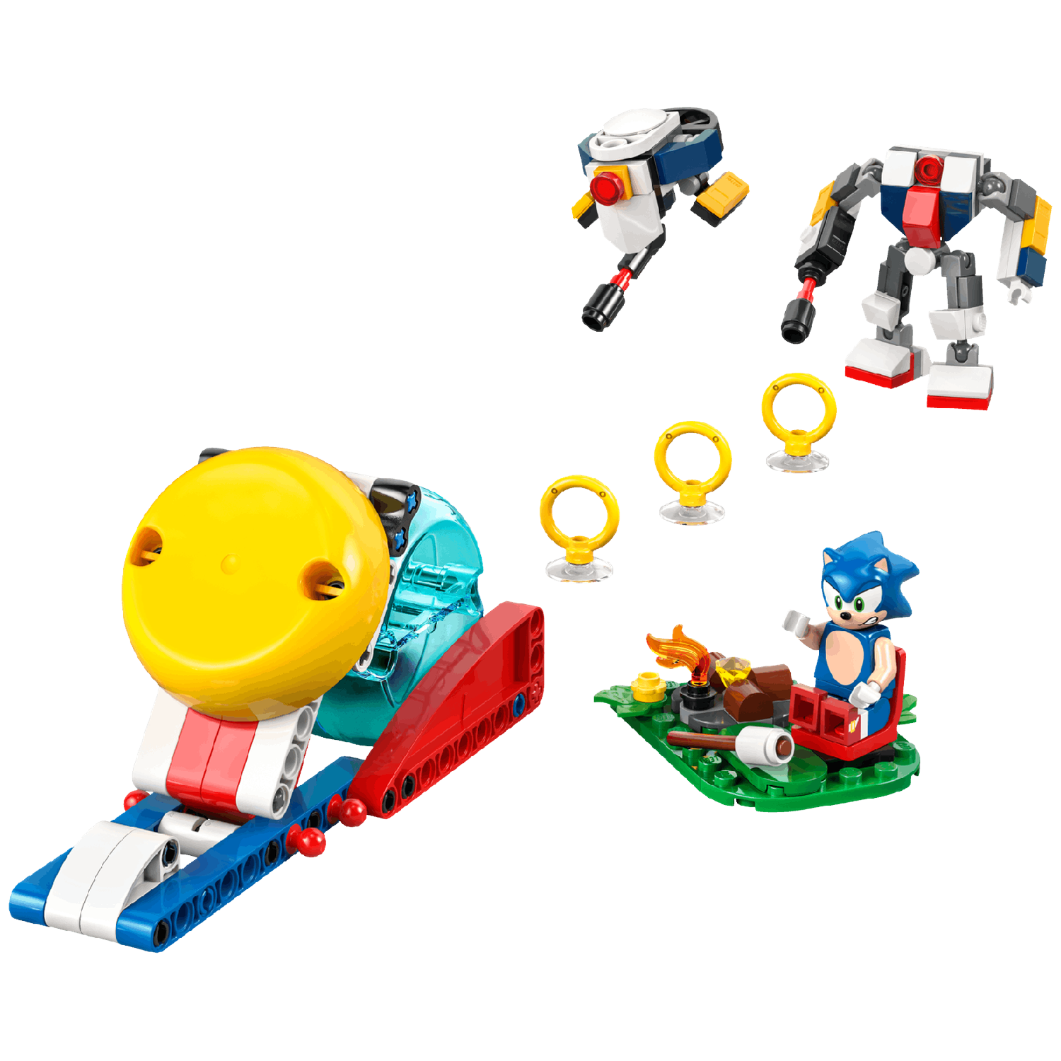 Lego-set met Sonic the Hedgehog-figuur, twee robots, drie ringen en een voertuig. Sonic zit bij een kampvuur.