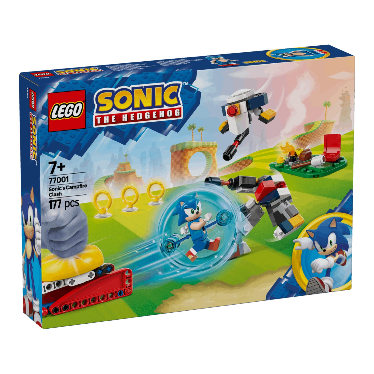 Lego Sonic The Hedgehog doos. Het toont een Lego set met Sonic, robots, ringen en een kampvuur scène op een groene achtergrond.