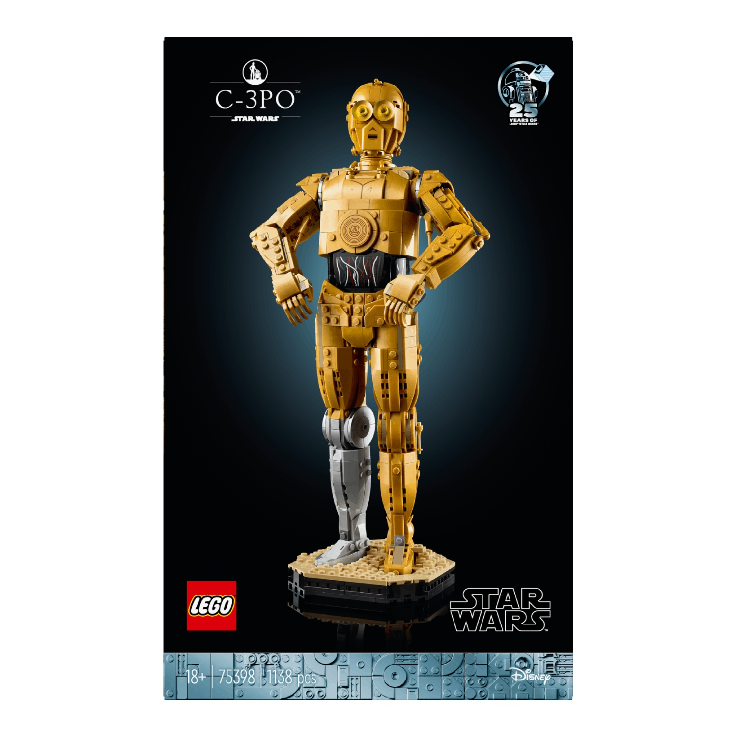 A Lego C-3PO figure. It is gold with a silver leg, standing on a base. Star Wars and Lego logos are visible.