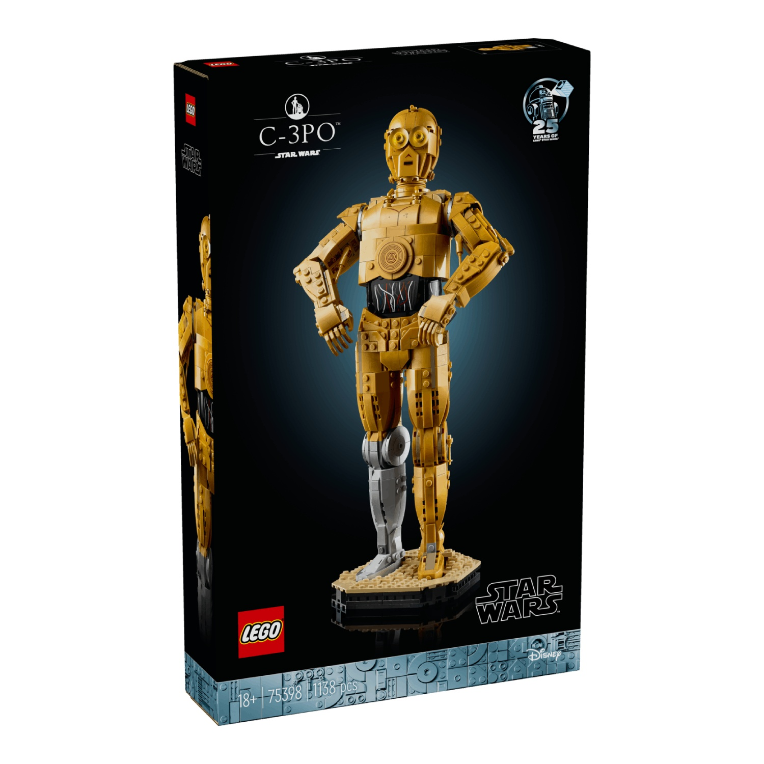 A Lego C-3PO figure on a black box. The figure is gold and silver, standing on a base. The box has Star Wars and Lego logos.