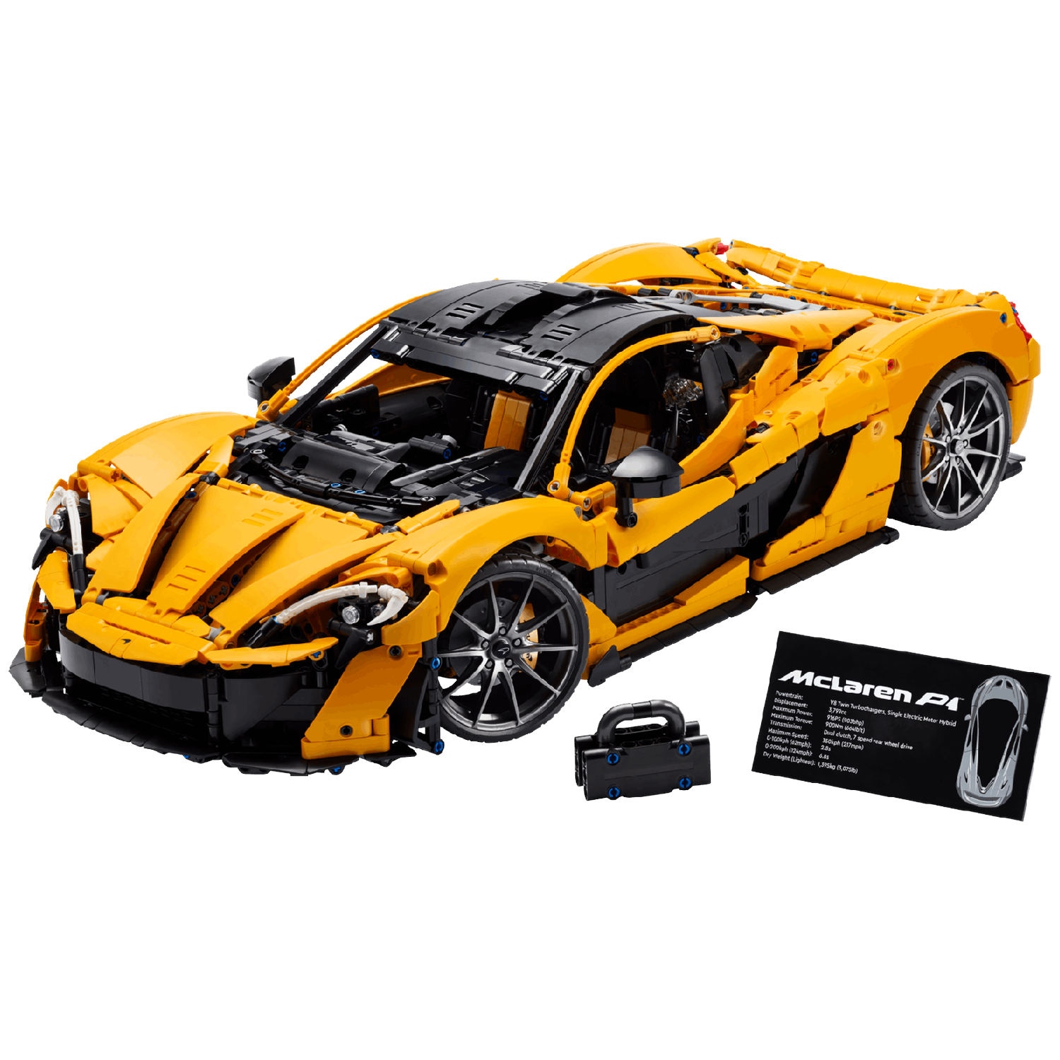 Een gele en zwarte Lego McLaren P1 modelauto wordt getoond. Accessoires zijn een zwarte draagtas en een infokaart.